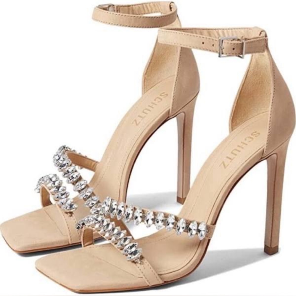 SCHUTZ Linsey Crystal-Embellished Nubuck Women's Open-Toe Heel Size 8.5 Like New
